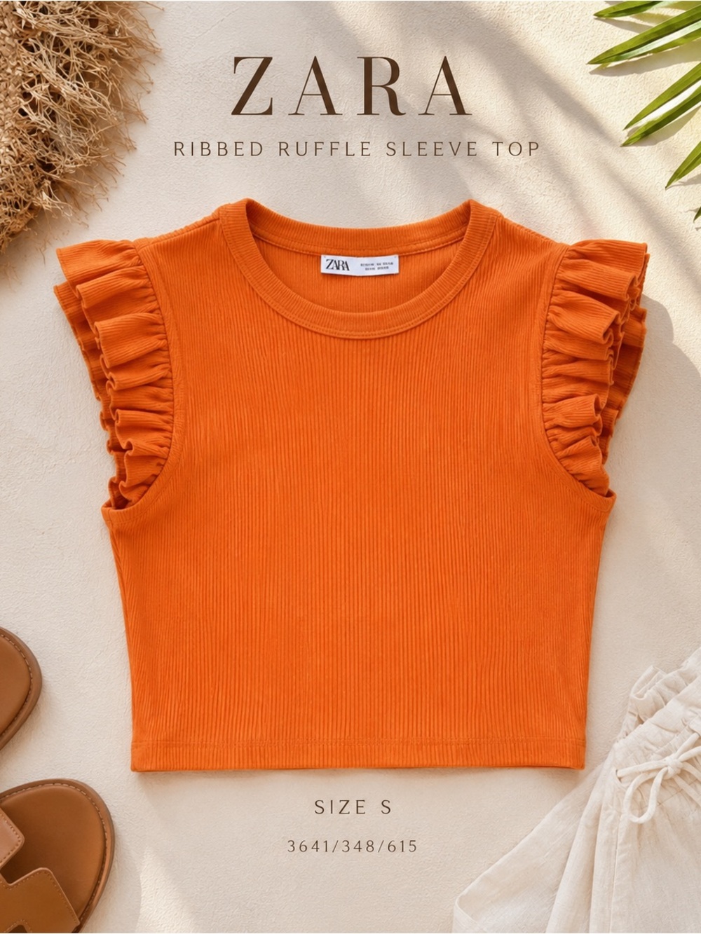 Zara Orange Ribbed Ruffle Sleeve Crop Top | Size S - Picture 2 of 4